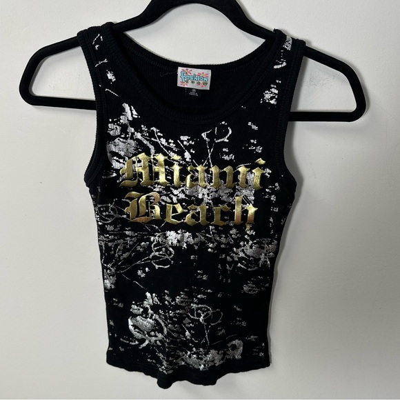 Y2K FASHION TEAM women's black metallic miami beach graphic tank, XS-M. - Picture 2 of 3